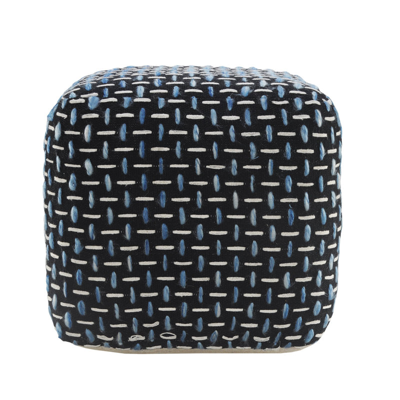 16" Polyester Ottoman, Black/White/Blue
