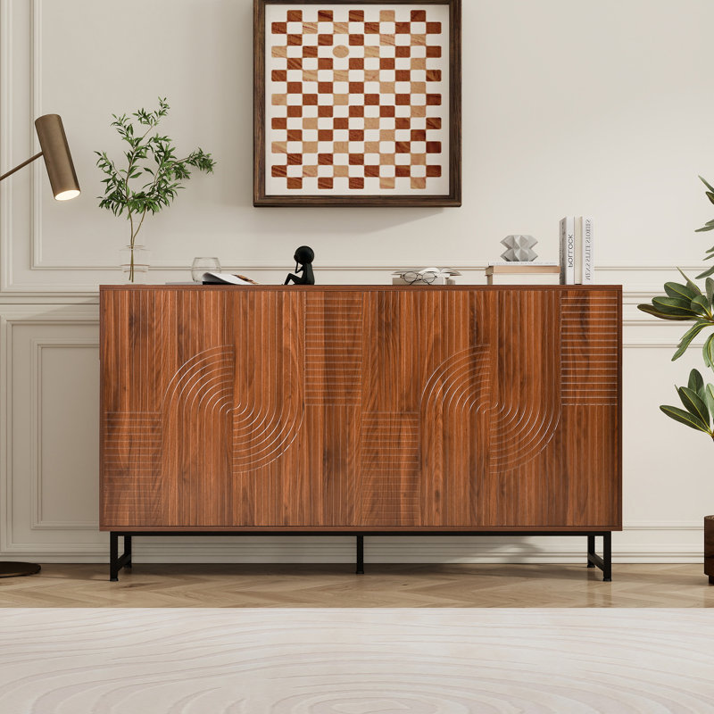 Ruston 59-Inch Mid-Century Modern Sideboard With Geometric Carved Doors And Legs