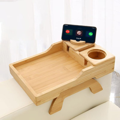 Bamboo 4 in 1 Couch Arm Tray 360° Phone Holder Non-Slip Clip-On Cup Holder