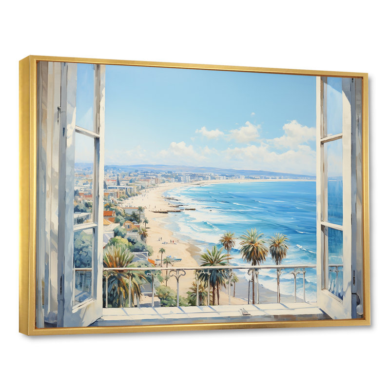 Décoration murale fenêtre vue sur le rivage californien II - Los Angeles, Cadre flottant doré, H 44 po x l 34 po x P 1,5 po