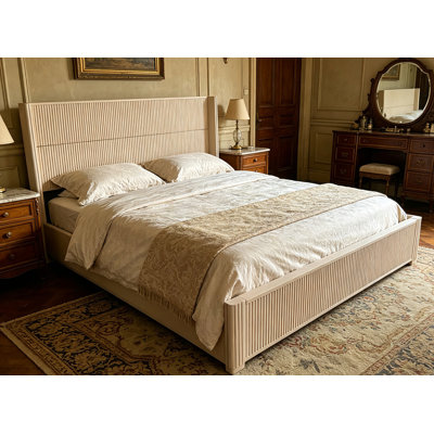 Solid Wood Platform Bed Frame with Headboard, No Box Spring Needed, Floor-standing bed, Easy Assembly, King Size,Beige