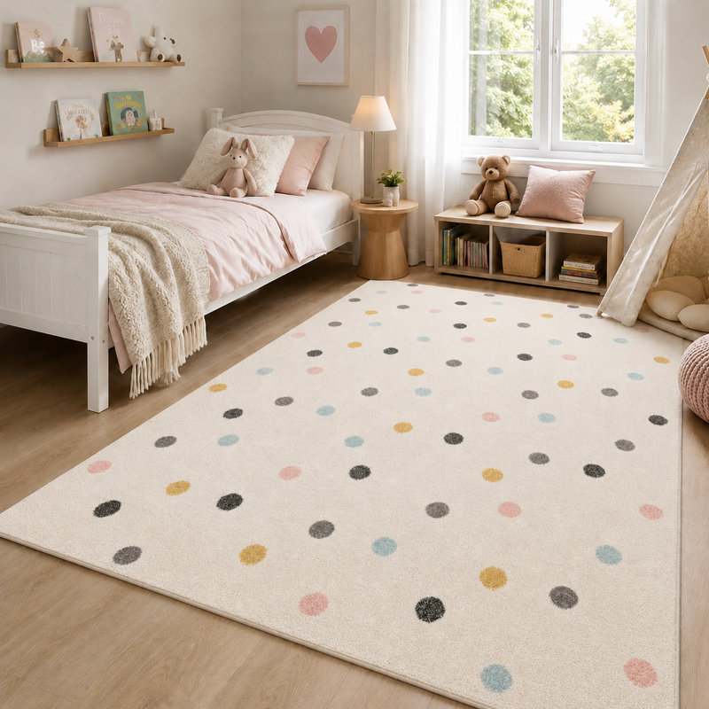 Tapis pour enfants à pois crème, Rectangle 4 pi 4 po x 6 pi 3 po, Multicolore