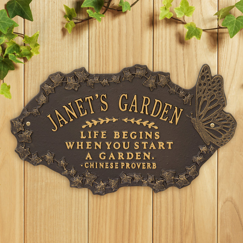 Plaque de jardin en aluminium avec texte et chiffres, Oui, Bronze/Doré