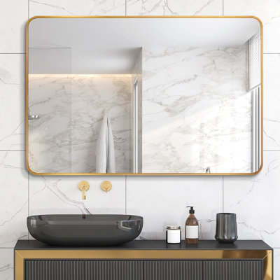 Miroir de salle de bain rectangulaire encadré en métal doré 30 po x 40 po pour mur - verre, cadre rouille, cadre en aluminium non décoratif Hd 4 mm