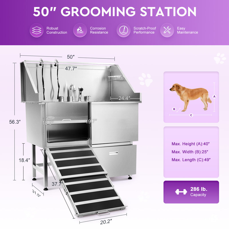 Station de bain pour chien, H 56,3 po x l 50 po x P 31,5 po