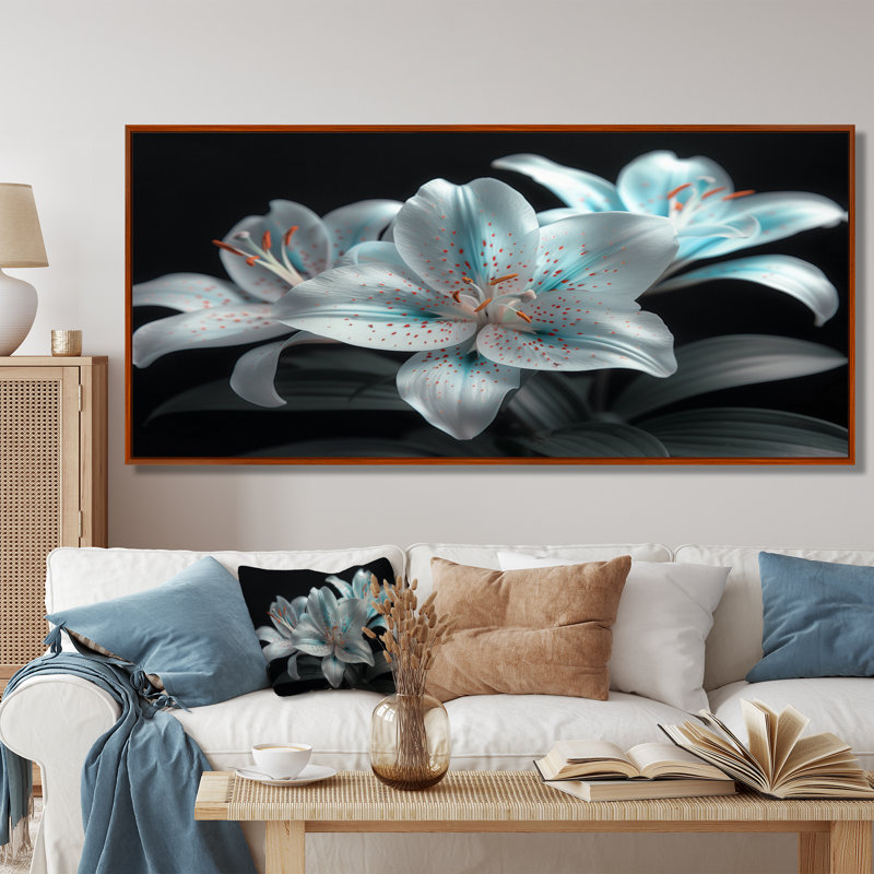 Photo moderne lys en verre blanc et bleu I - salon art mural lys, Cadre flottant brun, H 28 po x l 60 po