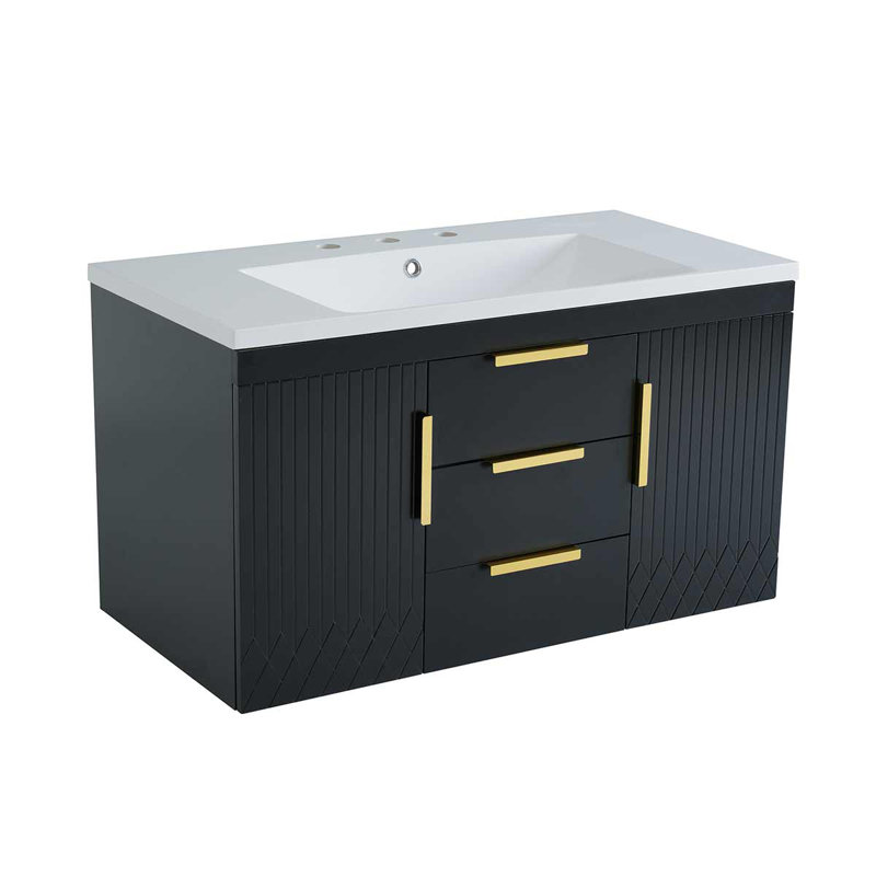 Meuble-lavabo mural 36 po avec lavabo en résine, armoire de rangement avec 2 tiroirs, Noir