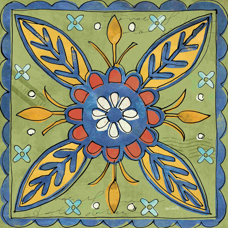 «Tuscan Sun Tiles III Talavera» par Anne Tavoletti, peinture sur toile tendue, H 36 po x l 36 po, Vert / bleu / jaune