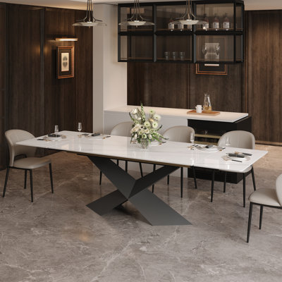  63-95"Extendable Modern Dining Table for 4-10, White Glossy Sintered Stone Tabletop, Rectangular Kitchen Table with black X-Shaped Steel Legs