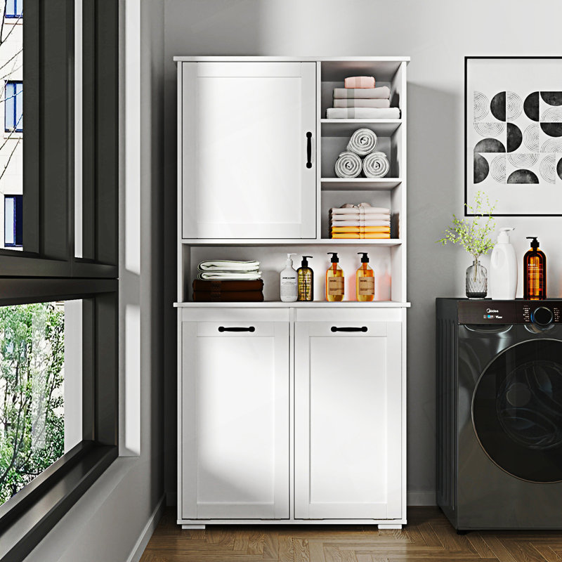 Armoire décorative, armoire à linge avec portes et tablette, panier à linge inclinable
