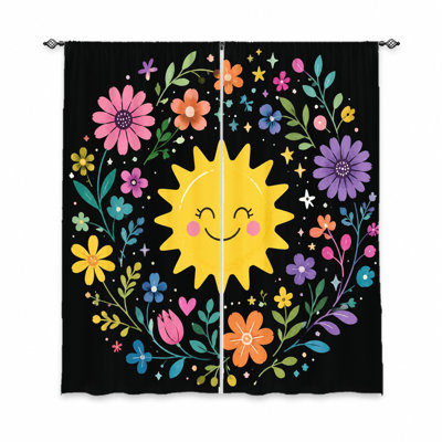 2Pcs Cute Sun Floral Wreath Curtains, Light Filtering Fabric, Whimsical Cartoon with Flower Border, Privacy Protection Rod Pocket for Teen Room, Bedroom, Living Home Decoration