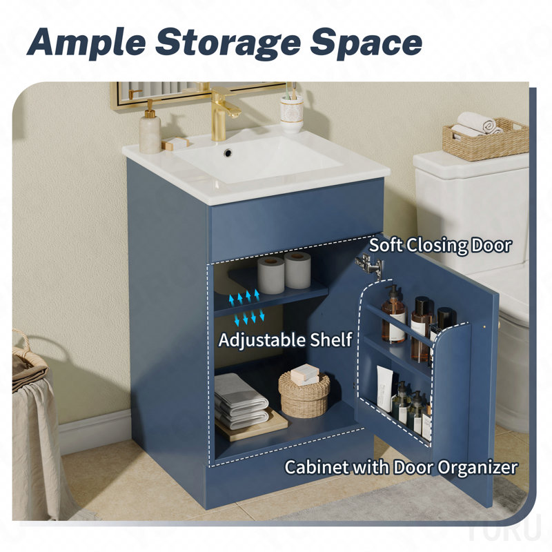 Meuble-lavabo de 20 po avec lavabo, meuble-lavabo avec tablette de porte et tablette réglable, bleu