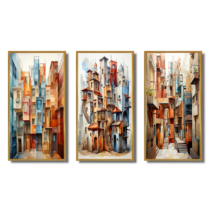 «Cubism Art Multidimensional», 3 pièces sur toile, H 32 po x l 48 po, Encadrement doré