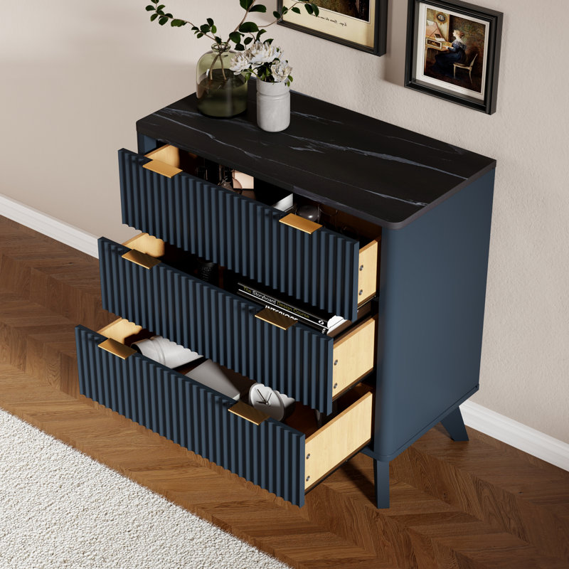 32" High Faux Marble Side Table with 3 Drawers & Fluted Design, Dark Gray