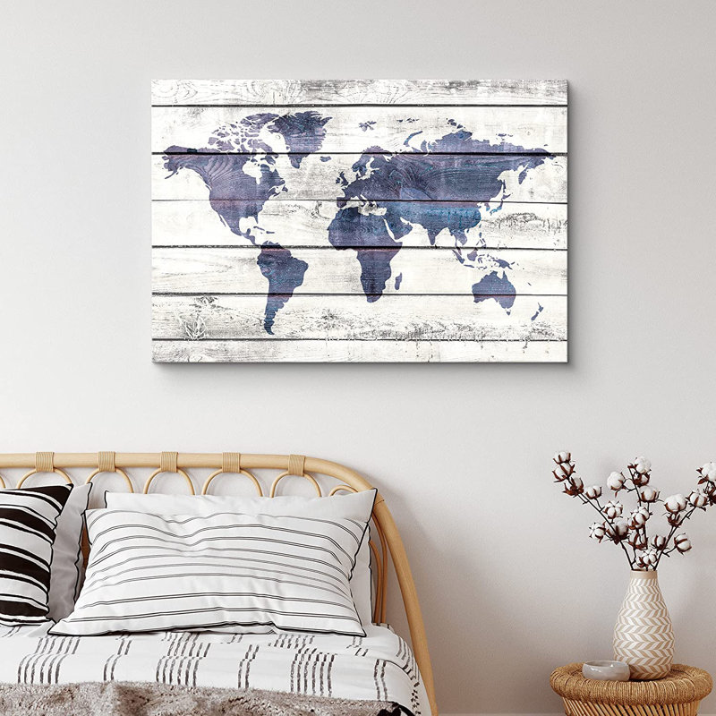 World Map " World Map On White Wood Panels Places Country Woodblock ", 12" H x 18" W x 1.5" D