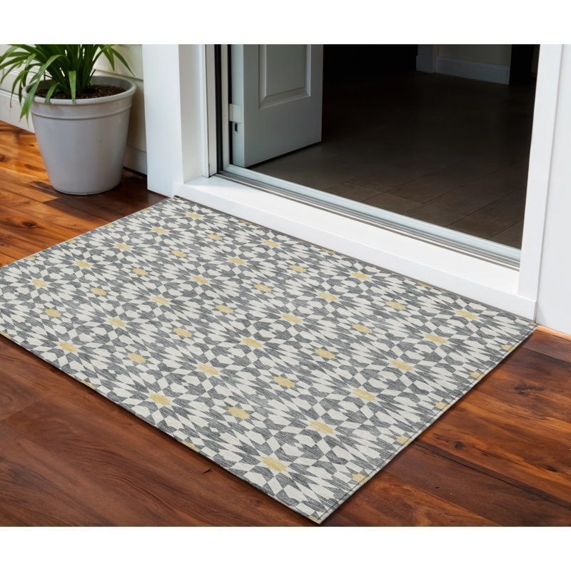 3' X 5' Gray Ivory And Gold Floral Medallion Washable Indoor Outdoor Area Rug