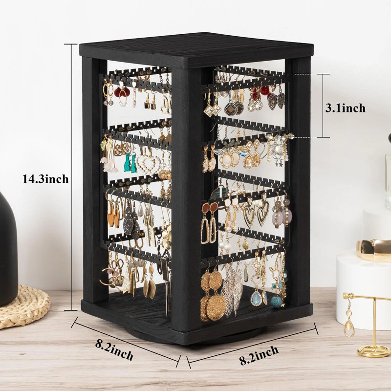 Support pour organisateur de boucles d'oreilles rotatives 360 °, support à boucles d'oreille en bois rustique à 4 niveaux avec 192 présentoirs pour boucles d'oreilles, boucles d'oreilles