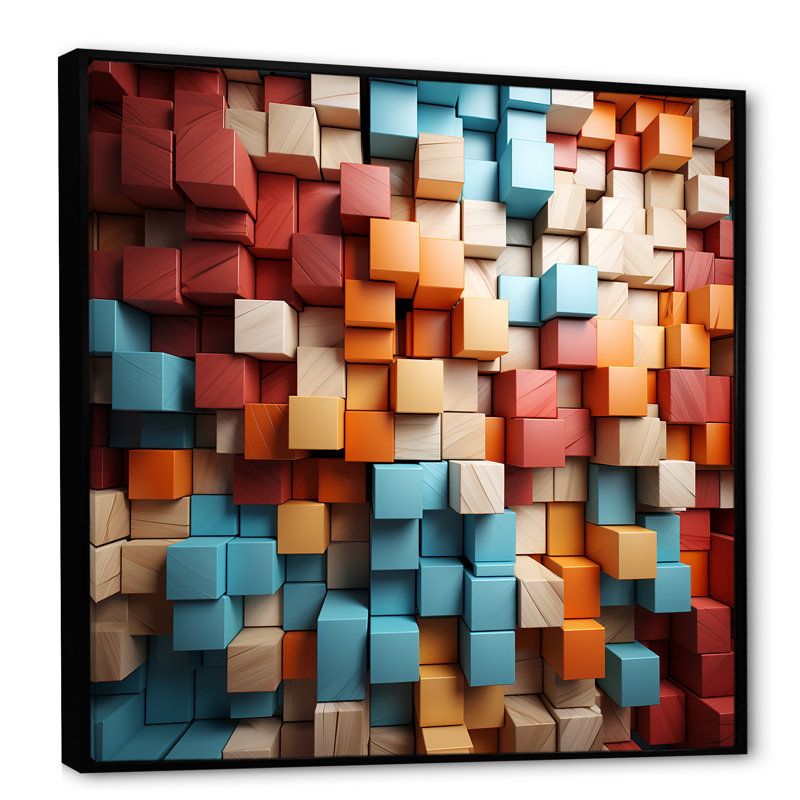 «Blue and Red Abstract Cubes I - Abstract Cubism», reproduction d'art murale, Cadre flottant noir