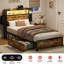 Lit simple Livia avec 2 tiroirs sous le lit, lit plateforme moderne avec station de recharge et lampe à DEL, tête de lit avec rangement, 2 tiroirs de chevet et étagères ouvertes, brun rustique-697363588-697363589