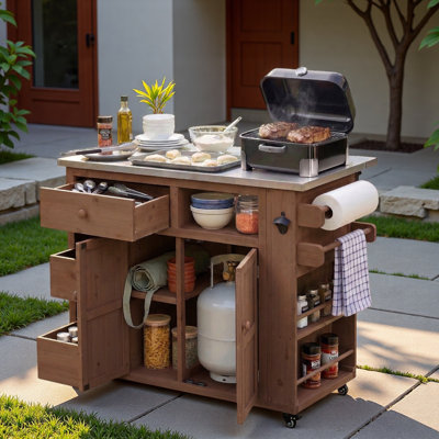 Îlot de cuisine extérieur avec plateau en acier inoxydable, support à épices latéral, tiroirs, support à papier, porte-serviettes et tablette ouverte