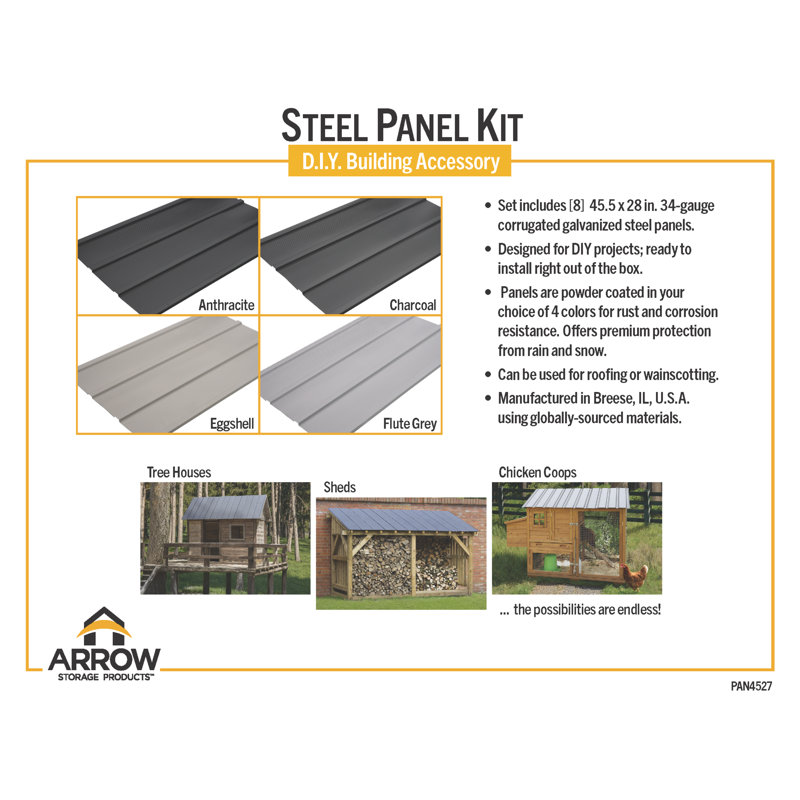 Set of 8 Galvanized Corrugated Steel Roof Panels for DIY Shed, Garage, Carport, and Mobile Home Projects Flute Grey, Gray