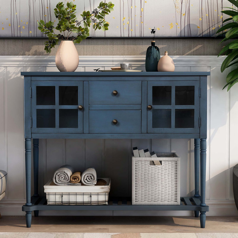 Console de buffet avec tablette inférieure, armoire de rangement en bois / verre de style campagnard TREXM , Marine antique
