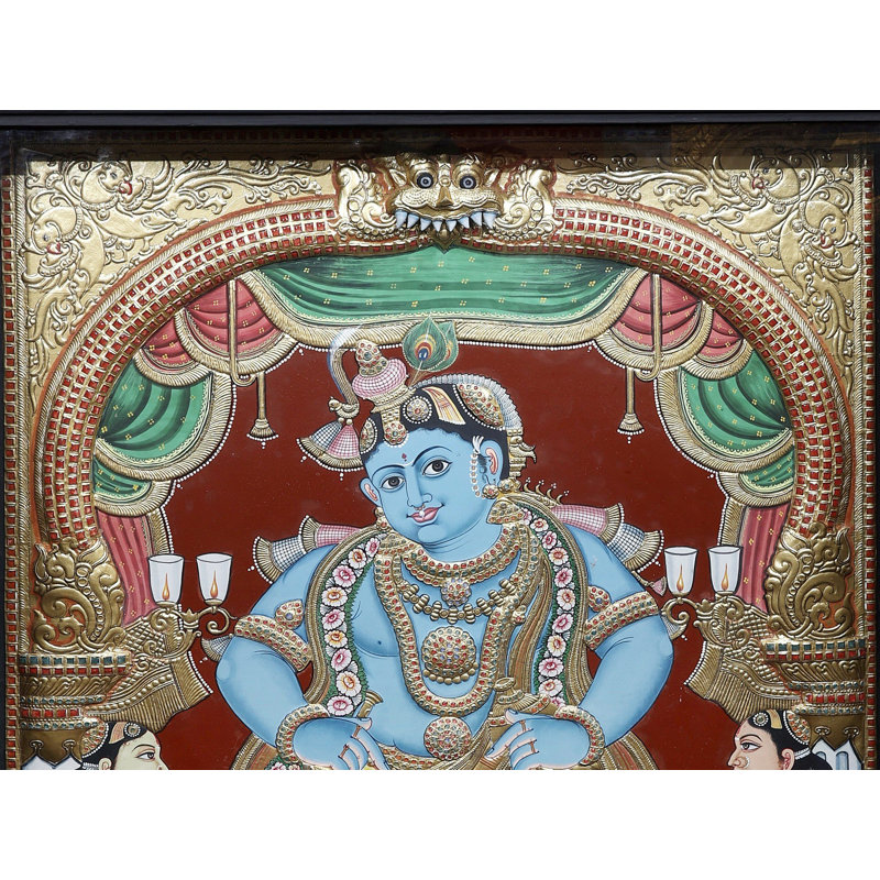 «Lord Krishna with Satyabhama and Rukmini», peinture, couleurs traditionnelles avec or 24 carats sur toile, art mural encadré 24 x 36 po