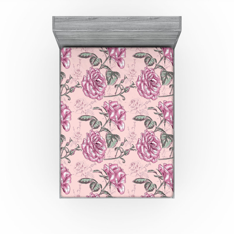 Drap-housse Ambesonne, Vert réséda, rose pâle / floral 2, Drap-housse de taille double