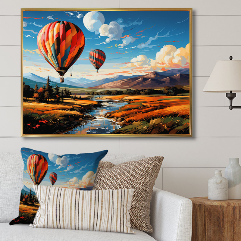 Orange Hot Air Ballon Bold Landscape I - Hot Air Balloon Canvas Prints, H 24 po x l 32 po x P 1 po, Cadre flottant doré