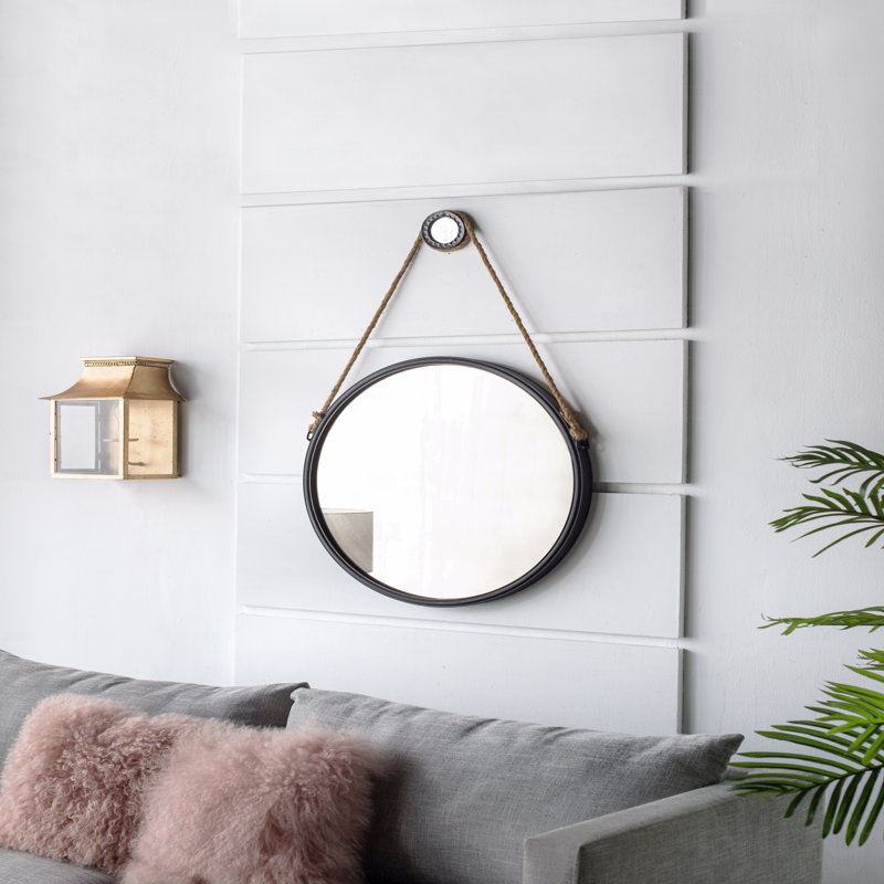 Miroir rond suspendu tendance 29,5 po avec cadre noir et sangle de corde, décor industriel contemporain