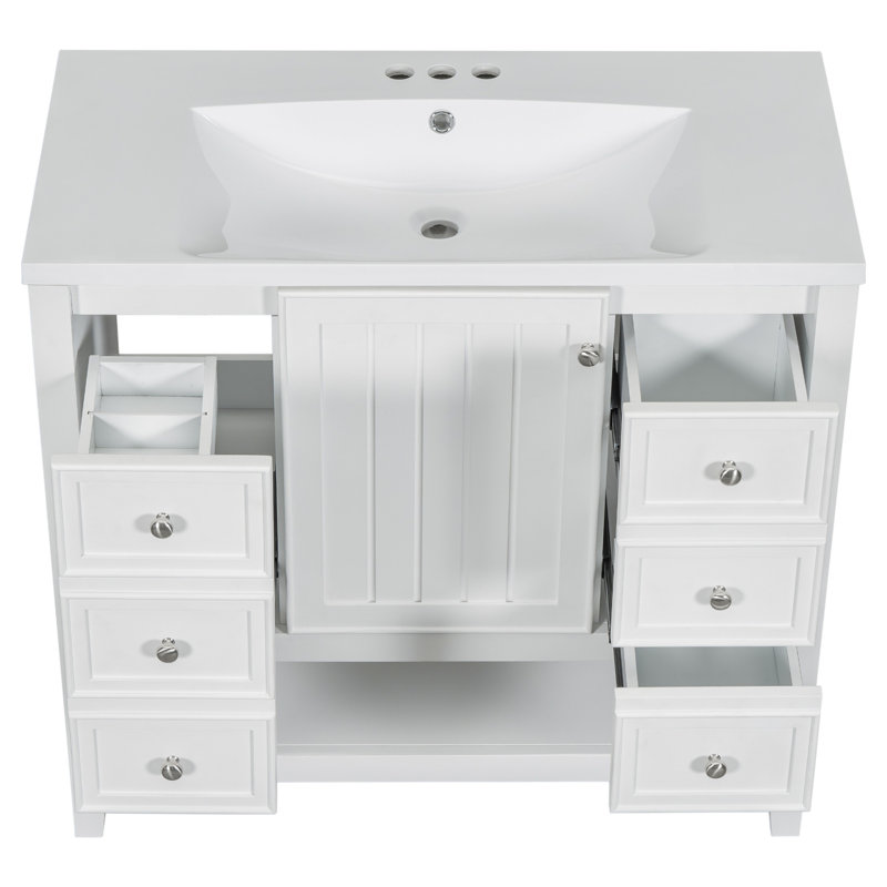 36" Bathroom Vanity With Sink, One Cabinet And Three Drawers,  Wood And MDF Board, White (Old Sku:SY999505AAK-6), White
