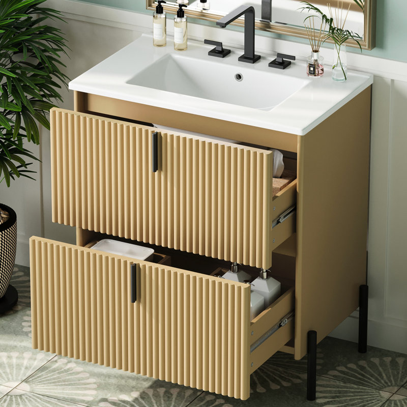 Meuble-lavabo de salle de bain 30 po avec lavabo en céramique, tiroir à extension et conception cannelée à la main pour les tiroirs autoportants Mid-Century Modernes, mécanisme de fermeture en douceur