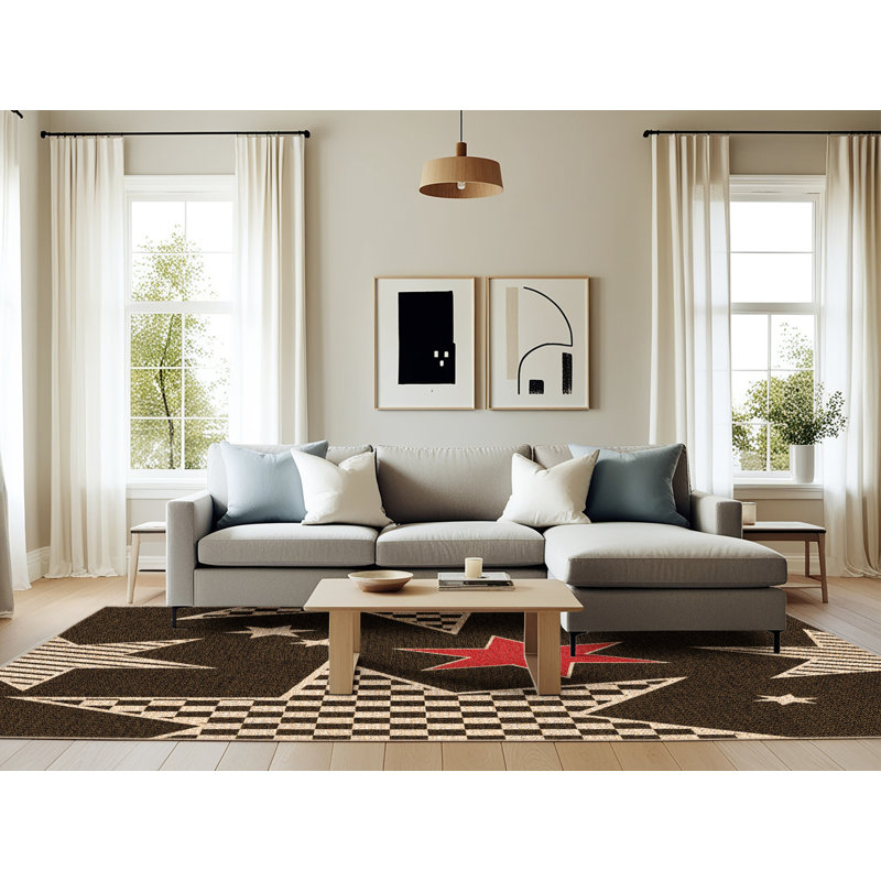 Tapis géométrique noir / rouge / beige, Rectangle 6 pi x 9 pi