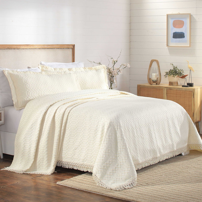 Ivory Twin Cotton Geometric Fringe Bedspread Set