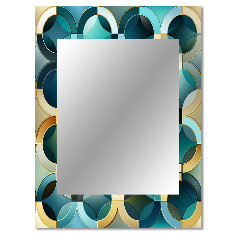 Teal And Golden Modern Geometric Tiles - Geometric  Decorative Mirror, Geometric Wall Mirror, Printed Metal Art, 40" x 30"