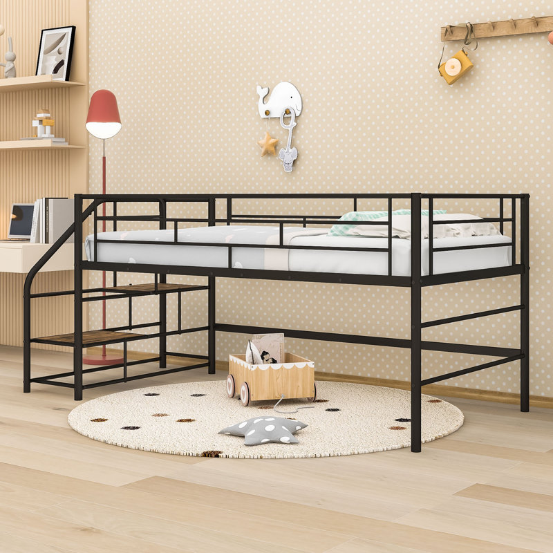 Twin Mid Loft Bed With Integrated Storage Stairs And Guardrails, Black