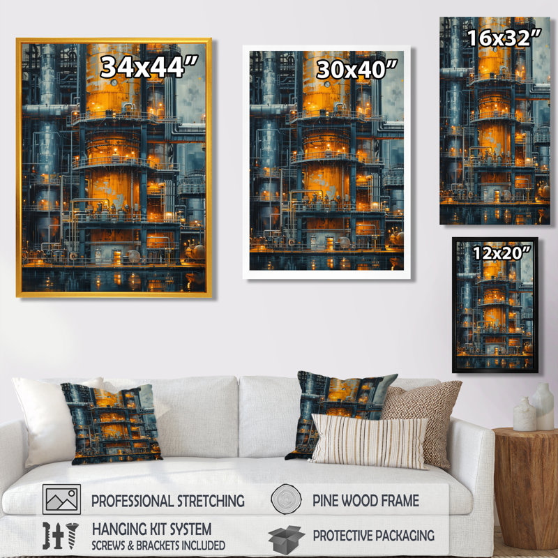 Art mural de raffinerie de pétrole dans la nuit II - usines, Toile encadrée noire simple, H 32 po x l 16 po x P 1 po