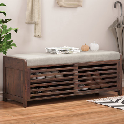 TREXM Shoe Bench With Storage And Cushion, Distressed Shutter Storage Bench With Retro Charm For Living Room, Entryway