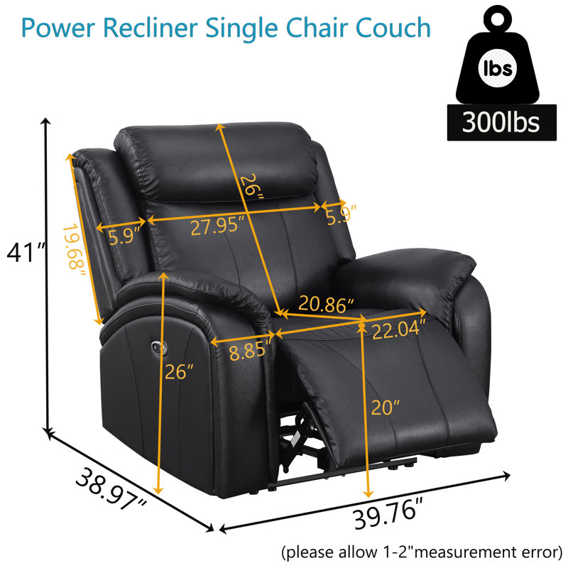Lamiaa Faux Leather Power Recliner, Black Faux Leather