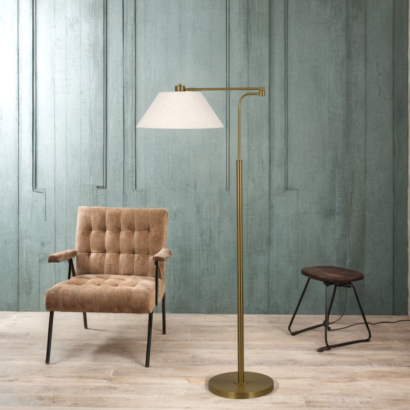 60" Metal Floor Lamp with Linen Shade, Brush Brass 