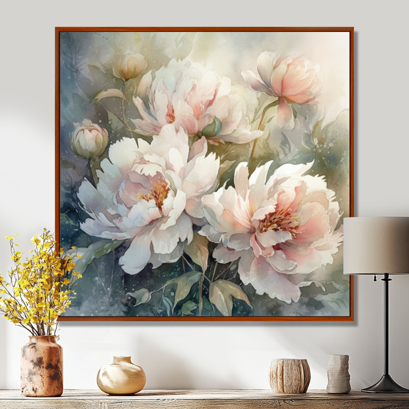 Pivoines roses et vertes sur une branche II - pivoines, art mural, H 16 po x l 16 po x P 1 po, Cadre flottant brun
