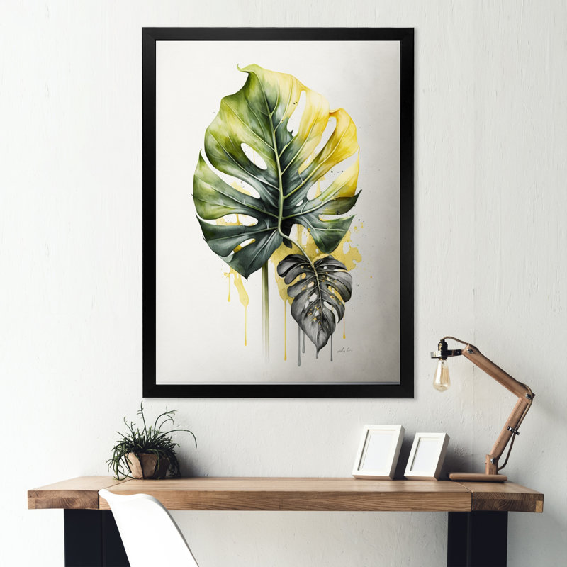 Jaune et gris feuille de philodendron II - reproduction sur toile, Impression noire sur toile encadrée
