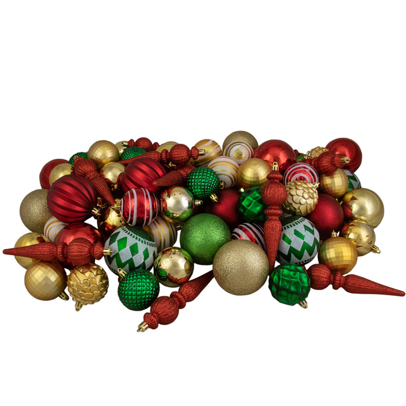 Ornements en forme de boules de Noël incassables à 75 finitions, rouge, vert et or 75ct
