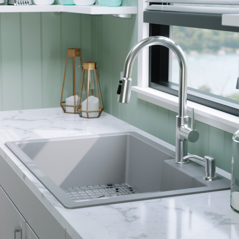 Ensemble d'évier de cuisine à double cuve à montage sur le dessus 60/40 Karran Quartz 33 "X 22", Gris