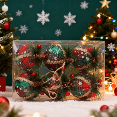 6 pièces de boules de Noël à carreaux - Ornements de boules en tissu à carreaux ， avec pommes de pin et verdure, boules de Noël à carreaux suspendues, décoration de fête