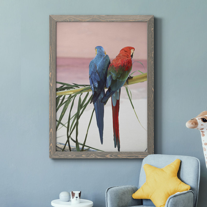 Palm Parrots - Peinture sur toile encadrée, Encadré gris, H 44 po x l 31 po x P 1 po