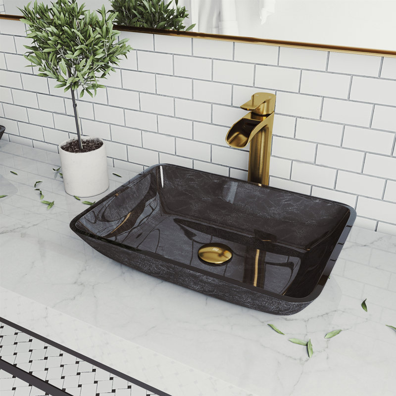 Onyx Rectangular Glass Vessel Bathroom Sink with 11" H Faucet, Matte Gold, Gray onyx