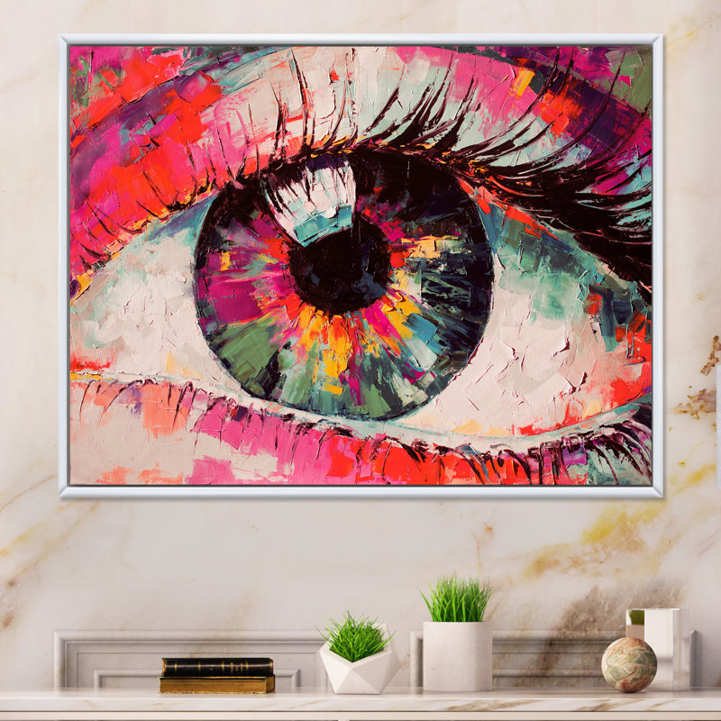 «Colorful Pink Woman Eye Art», reproduction sur toile flottante, H 12 po x l 20 po x P 1 po, Cadre flottant blanc