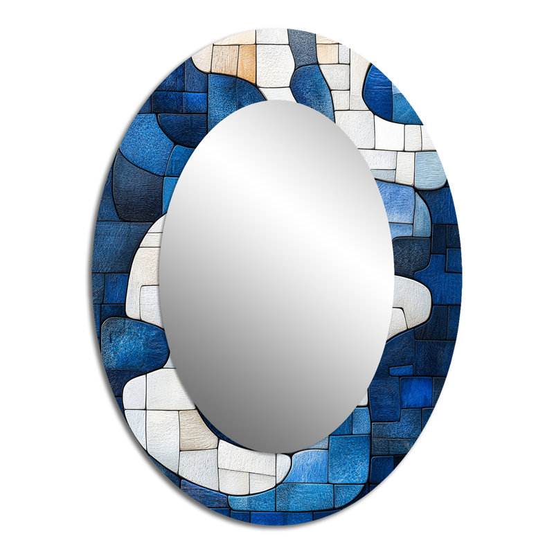 Canadian Inuit Art In Blue And White Tones - Blue Oval Wall Mirror Decor, 40" x 30"