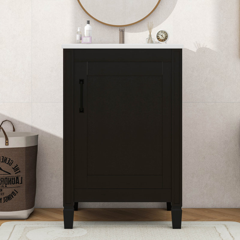 20" Bathroom Vanity With Ceramic Sink, Adjustable U-Shaped Shelf, Door Storage Rack, Black